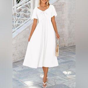 White Flowy V-Neck with Bow Midi Dress